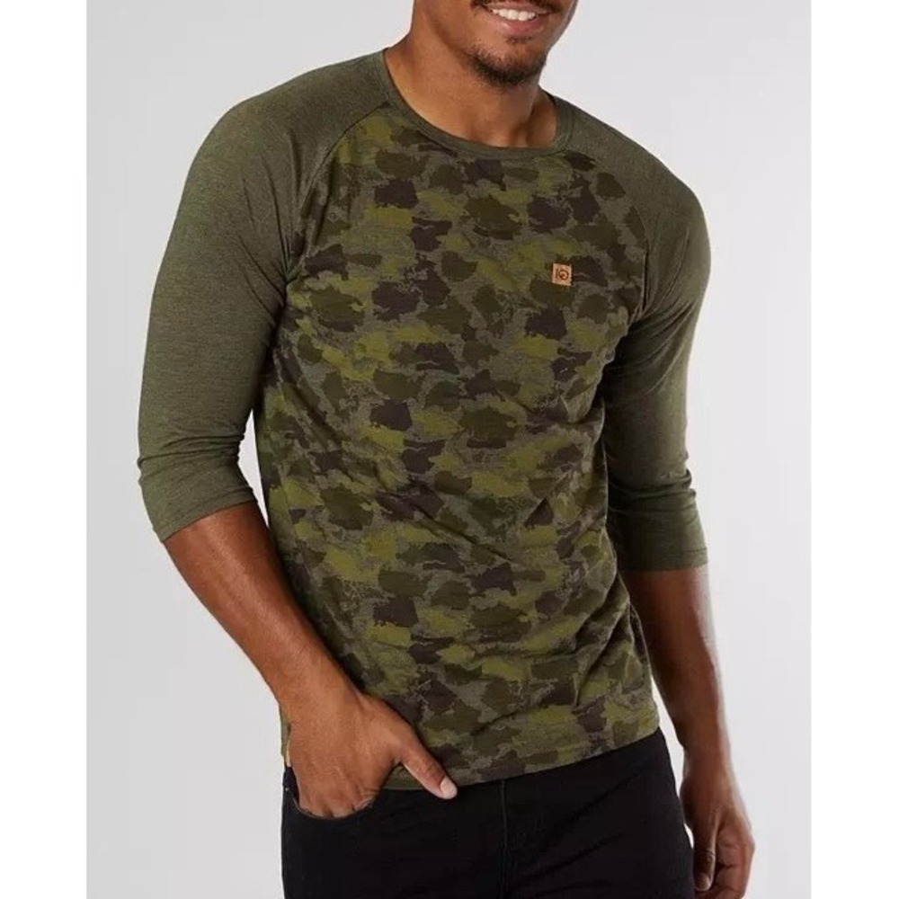 Tentree Mens Eco Triblend Camo Raglan 3/4 Sleeve Shirt Olive Green Size M NWOT